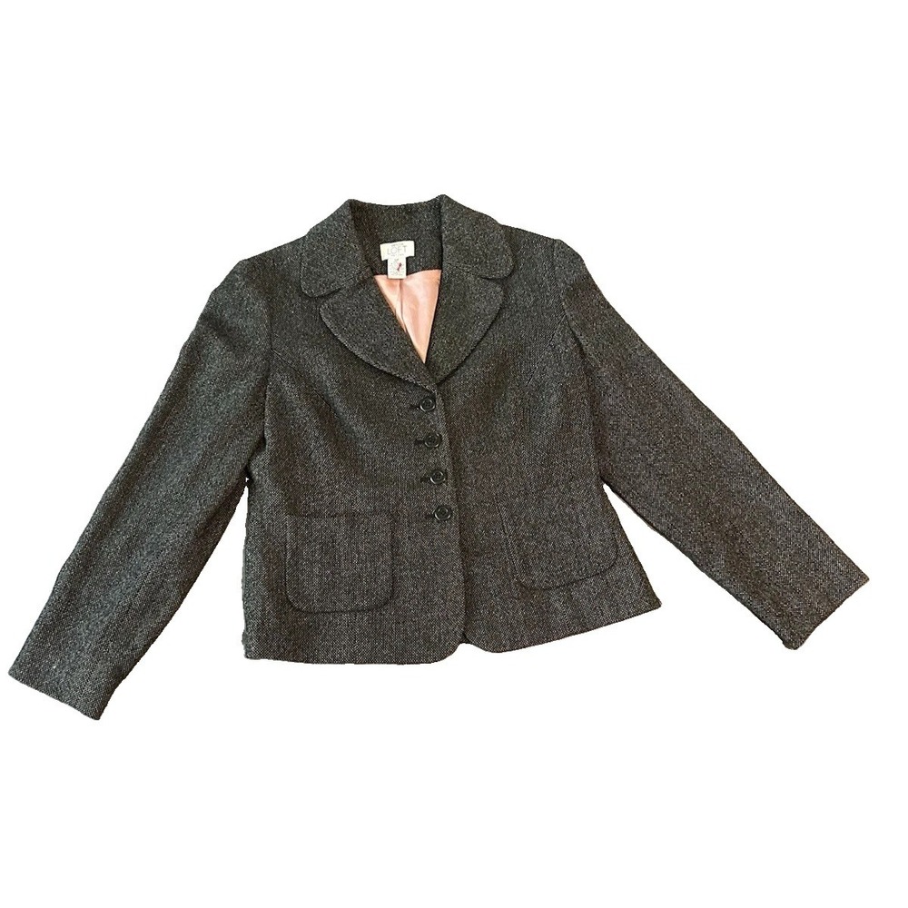 Wool Blend LOFT Petite Womens Gray Blazer 10P Charcoal Tweed Academia Jacket
